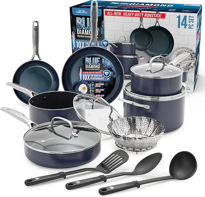 Blue Diamond 14 Piece Nonstick Cookware Set, Diamond Ceramic Pots & Pans, Dishwasher & Metal Utensil Safe, Non Toxic PFAS-Free, Kitchen Cooking Sauce & Saute Pans, Oven & Broiler to 600F, Blue