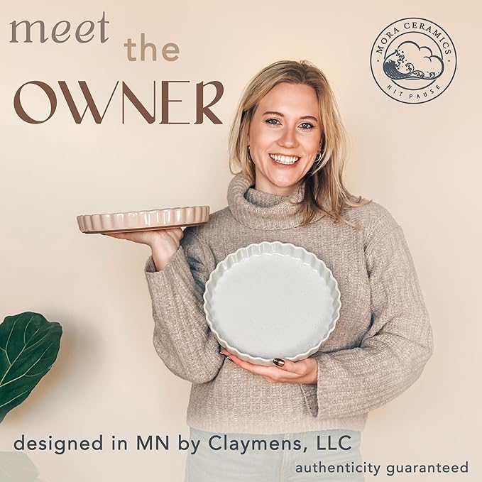 MORA Ceramic Tart Pan, 9.5 Inch Large Porcelain Baking Dish for Tarts, Quiche, Pie, Flan etc. Fluted Ruffled Edge, Oven, Microwave, Freezer, and Dishwasher safe - Great Gift For Bakers - Chai