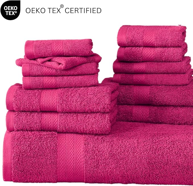 LANE LINEN 100% Ring Spun Cotton Luxury Bath Towel Set - 18 PCs - 4 Bath Towels, 8 Washcloths & 6 Turkish Hand Towels for Bathroom - Sustainably Produced, Ultra Soft & Absorbent - Fuschia