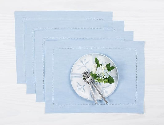 Solino Home Linen Placemats Set of 4 - Classic Hemstitch Sky Blue Placemats 14 x 19 Inch - 100% Pure Linen Table Mats for Holiday, New Year
