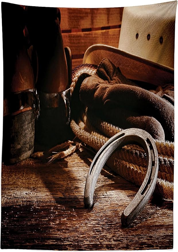 Ambesonne Western Tablecloth, Boho Folklore Materials Classic Boots Life Heels View Wild West Cowboy Concept Photo, Rectangular Table Cover for Dining Room Kitchen Decor, 52" X 70", Brown