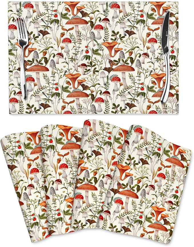 Boho Mushroom Decor Placemats Set of 4, Botanic Plant Beige Table Mats Heat Resistant Washable Placemat for Kitchen Dining Table Cute Placemats Linen 12x18 Inch