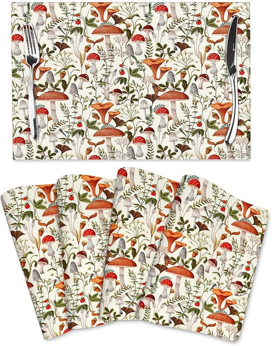 Boho Mushroom Decor Placemats Set of 4, Botanic Plant Beige Table Mats Heat Resistant Washable Placemat for Kitchen Dining Table Cute Placemats Linen 12x18 Inch