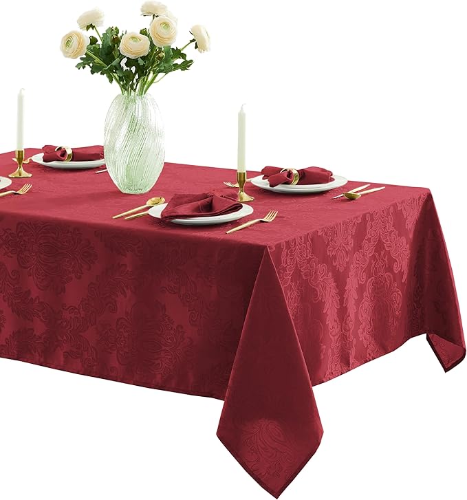 Newbridge Christmas Barcelona Damask Fabric Tablecloth, 60 x 102 Inch Rectangle, Burgundy – No Iron, Soil Resistant Table Cover for Dining, Parties and Holidays