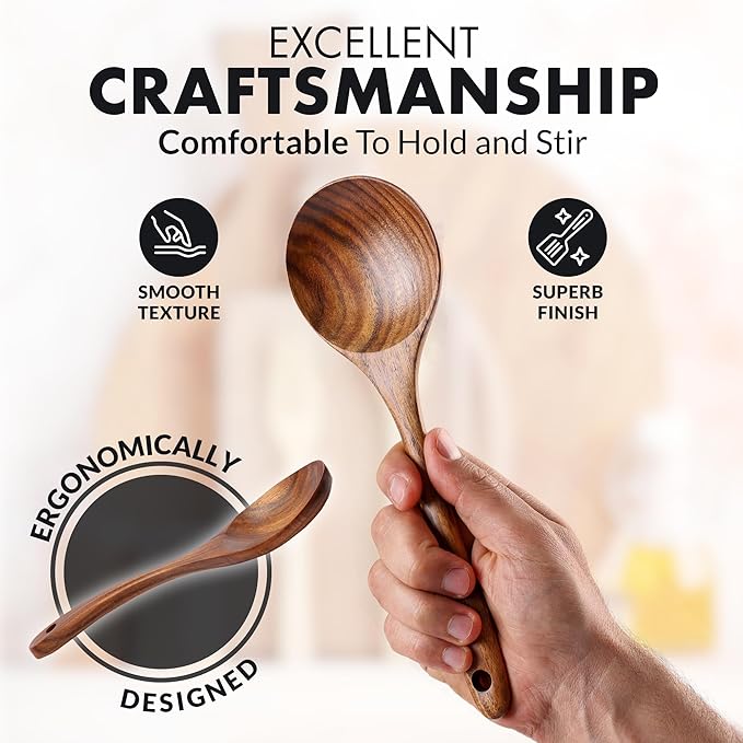 Zulay Kitchen 7-Piece Wooden Cooking Spoons Set – Heat-Resistant, Smooth Teak Utensils with Comfort Grip – Lightweight & Durable – Easy to Clean, Perfect for Non-Stick Cookware