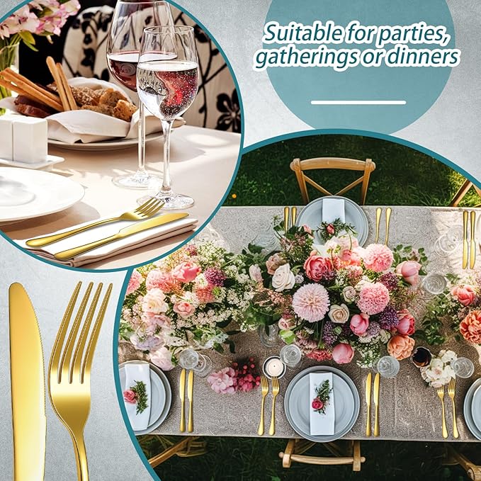 Nuenen 50 Pieces Stainless Steel Forks Silverware Set Dinner Forks and Knives Flatware Tableware Cutlery Set for Kitchen Restaurant(8.07 x 0.94 Inch, 9.06 x 0.79 Inch,Gold)