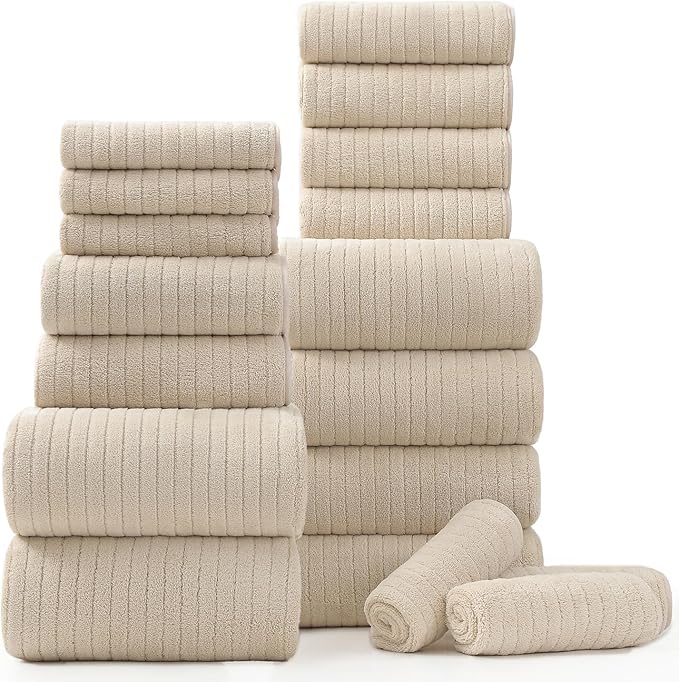 18 Piece Bath Towels Set,Ultra Soft Family Bathroom Towel Set with Hanging Loops-6 Bath Towels,6 Hand Towels,6 Washcloths,Highly Absorbent Quick Dry Shower Towel for Bathroom,Hotel,Spa-Beige Towel Set