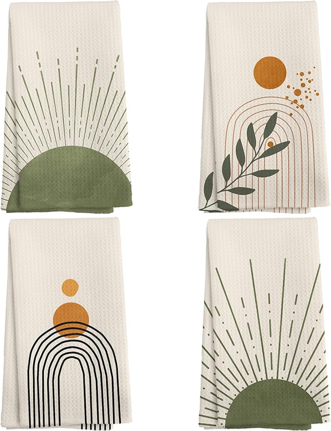 Boho Abstract Sage Green Sunshine Kitchen Towels and Dishcloths Set of 4, Boho Mid Century Modern Abstract Minimalist Sunshine Drying Cloth Hand Dish Tea Towels for Bathroom Kitchen, 16x24 Inches