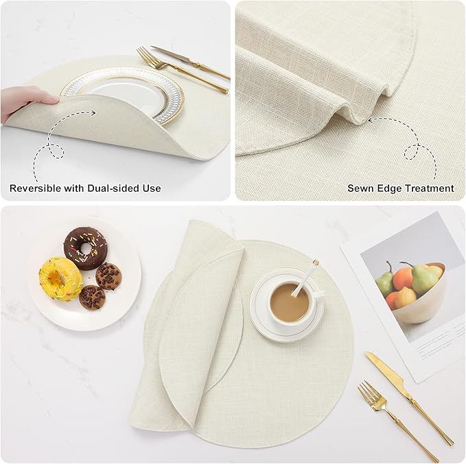 homing 15 Inch Round Cloth Placemats Set of 6, Cotton Linen Blend Washable Table Mats, Farmhouse Dining Place Mats for Indoors & Outdoors, Easy to Clean, Cream
