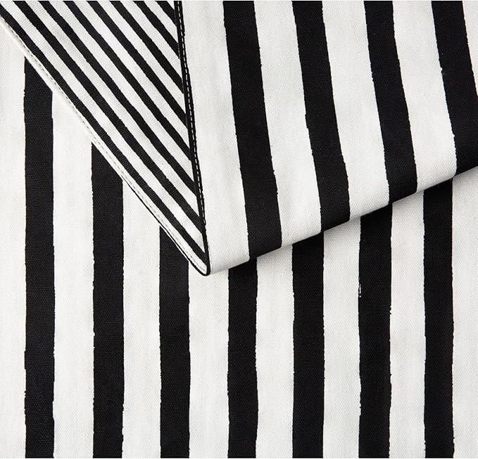 Kate Spade New York Hand Painted Shirting Stripe Reversible Table Runner, 100% Cotton, Cream/Black, 15"x72"