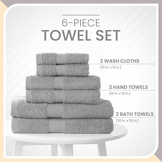 6-Piece Luxury 100% Cotton Towel Set | Quick Dry | Super Absorbent | Super Soft 100% Ringspun Cotton Towels | 2 Bath Towels | 2 Hand Towels | 2 Wash Cloths | Silver