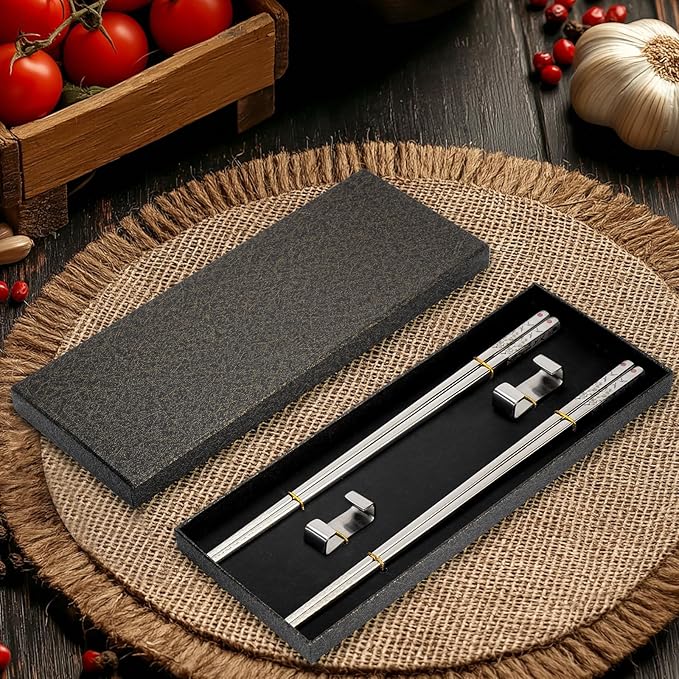 Stainless Steel Chopsticks, Titanium Plated Metal Chopsticks, 9.8" Premium Japanese Korean Color Laser Engraved Cooking Chop Sticks, Dishwasher Safe, Reusable, Anti-slip, Anti-scald, 2 Pairs Gift Set
