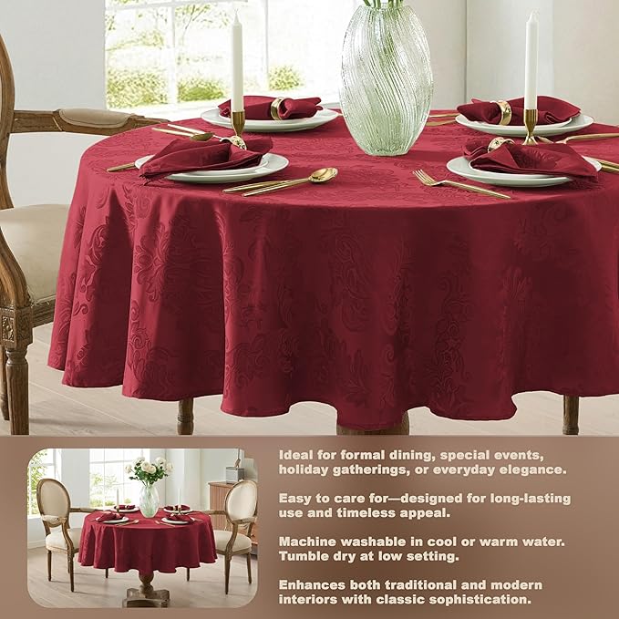 Newbridge Christmas Barcelona Damask Fabric Tablecloth, 70 Inch Round, Burgundy – No Iron, Soil Resistant Table Cover for Dining, Parties and Holidays