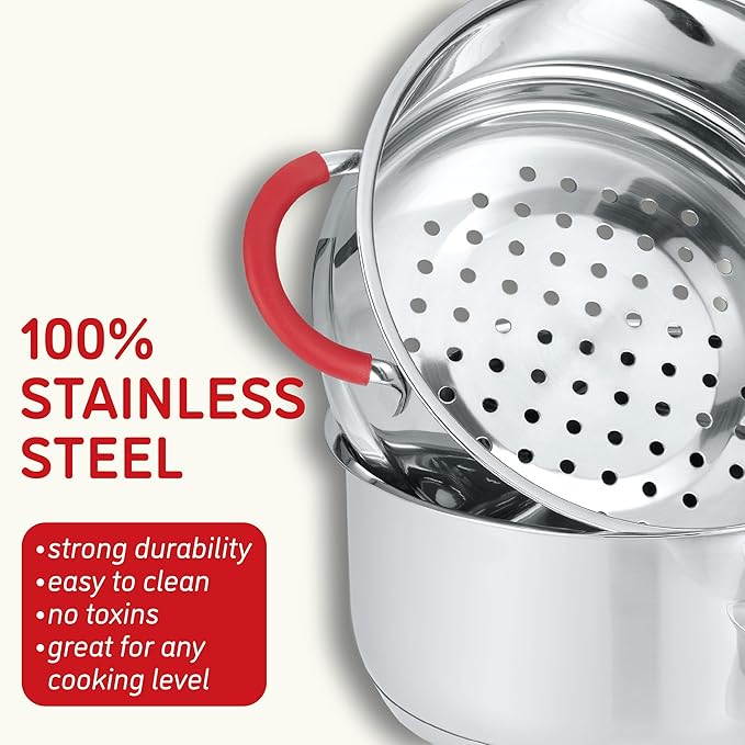 Concord Stainless Steel SIMPLE POUR Saucepan with Steamer Tier. Vented Glass Lid. Features Dual Pouring Spouts and Volume Marking on pot. Perfect for making Sauces, Jam, Ramen, and more (2 Quart)