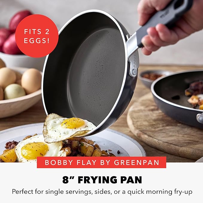GreenPan x Bobby Flay 8" Nonstick Frying Pan Skillet, PFAS-Free Diamond Ceramic, Induction Suitable, Stay-Cool Silicone Handle, Easy Clean Dishwasher & Oven Safe, Egg & Omelet Pan, Black