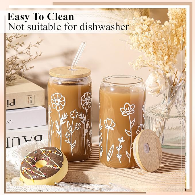 Mumufy Gift for Women Cute Glass Cup Tumbler Flower Iced Coffee Mugs 16 oz Glass with Bamboo Lid & Straw, Mothers Day Birthday Gift for Mom Sister Bridesmaid Baby Shower(2 Pack,Boho Floral)