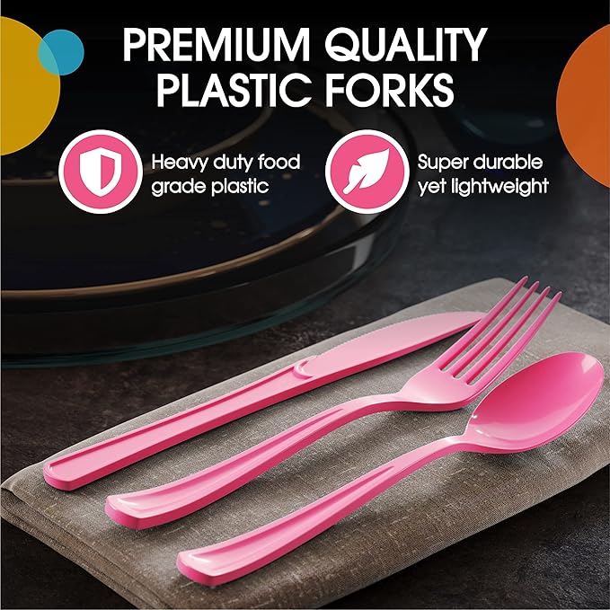 Party Solids Hot Pink Disposable Plastic Forks, 200 Pcs, 7.5 Inch, Heavy Duty, Hot Pink, Plastic Silverware