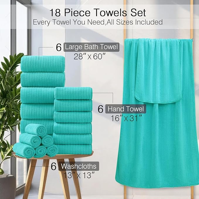 18 Piece Family Bath Towel Set Include 6 Bath Towels,6 Hand Towels and 6 Washcloths Soft Bathroom Towel with Hanging Loops,Highly Absorbent Quick Dry Towels Set for Bathroom,Hotel and Spa- Dark Cyan