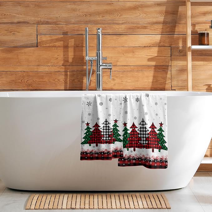 Imiss Christmas Hand Face Towels 2 Pcs - Red Black Buffalo Plaid Xmas Tree Guest Fingertip Towels 14.4 x 28.3 Inch for Winter Holiday Bathroom Seasonal Decor Gift