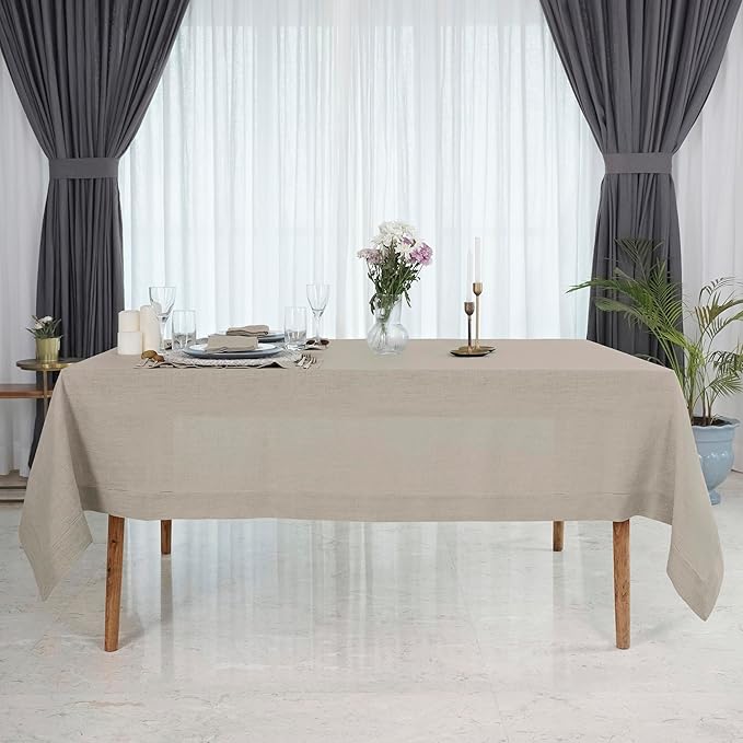 D'Moksha Homes Natural Linen Tablecloth for Rectangle Tables 60 x 144 Inch - 100% Pure Linen Natural Table Cloth - Classic Hemstitch, Machine Washable Dining Tablecloth for Winter, Holiday