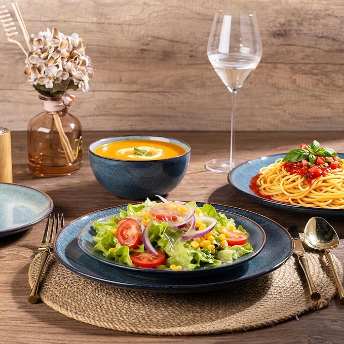 AmorArc Ceramic Dinnerware Sets for 4, 12 Pieces Handpainted Plates and Bowls Set, Scratch Resistant Stoneware Dishes Set, Dishwasher & Microwave Safe, Ceylon Blue