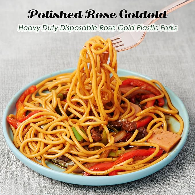 FOCUSLINE 300 Pack Disposable Rose Gold Plastic Forks, Solid and Durable Plastic Cutlery Forks, Heavy Duty Disposable Utensil Silverware for Catering, Parties, Dinners, Weddings