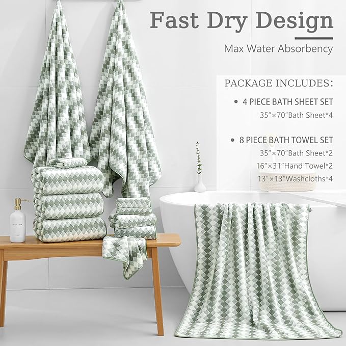 4 Piece Bath Towel Set Oversized Bath Sheet 35"x70" Bathroom Towel Extra Large Towel Set Soft Highly Absorbent & Quick Dry Premium Bath Sheet for Bathroom 600GSM Shower Towel Spa Gym Hotel,Green