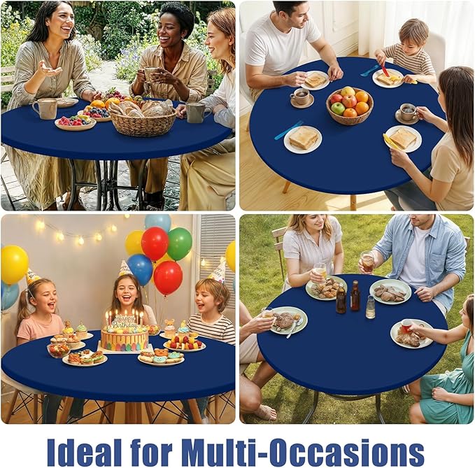 Round Spandex Tablecloth, Elastic Fitted Waterproof Tablecloths for 36"-44" Tables, Stretch Washable Picnic Table Cover for Camping, Dining, Indoor and Outdoor, Navy