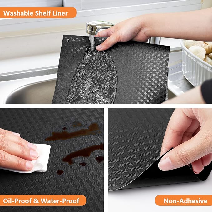 Shelf Liners for Kitchen Cabinets Refrigerator Liners Waterproof & Oil-Proof Kitchen Cupboard Liner Non-Slip Drawer Mats EVA Material Non Adhesive Fridge Liner for Shelves -Black 11.8 x 393.7 Inches