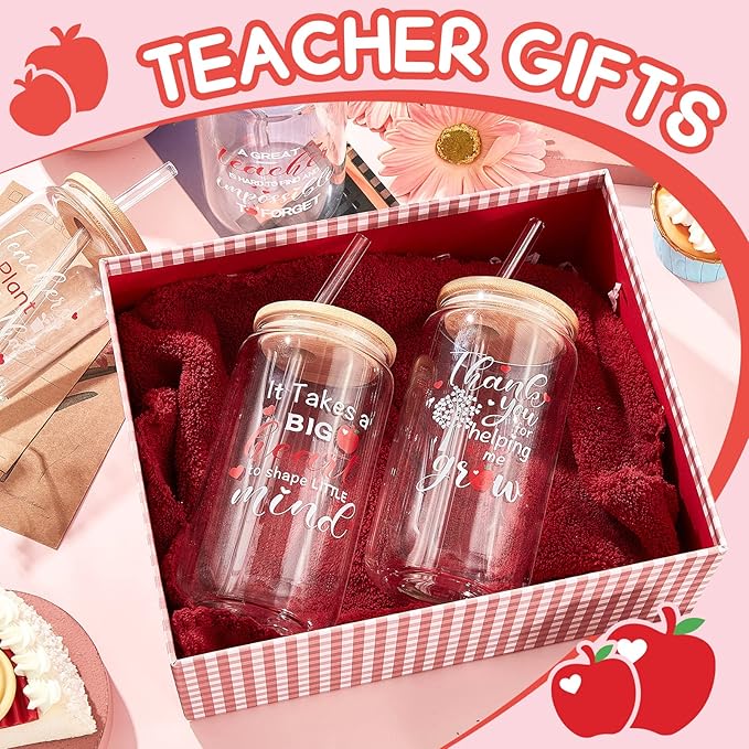 4 Pcs 16 oz Christmas Teacher Gifts for Women Teacher Appreciation Gifts Thank You Coffee Cup Tumbler Drinking Glass Beer Cups with Bamboo Lids Glass Straw Cleaning Brush for Employee Staff(Classic)