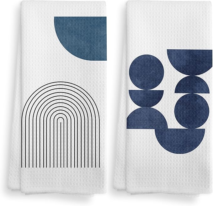 Boho Navy Blue Line Kitchen Towels and Dishcloths Set of 2, Boho Dish Towels, Bohemian Decorative Boho Blue Hand Towels for Bathroom Kitchen, 16×24 Inches