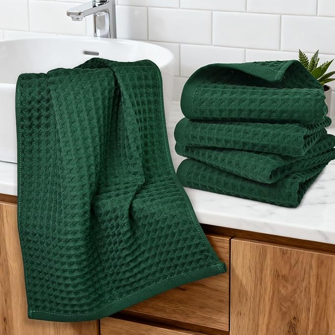 Jacquotha Waffle Hand Towels Set of 5 (Hunter-Green) – Cotton, Quick Dry, Lint Free, 13” x 29”, Christmas Bathroom Decor & Kitchen Towels