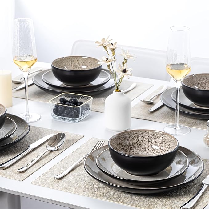 Plates and Bowls Sets for 4 - CJDC-QUELO 12-Piece Stoneware Dinnerware Sets, Ceramic Dishware Set for Kitchen Use and Formal Dining, Chip and Scratch Resistant Microwave Dishwasher Safe, Brown