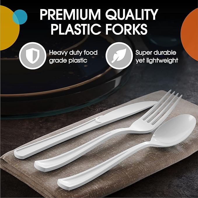 Party Solids White Plastic Forks 200 Pieces White Forks Disposable Utensils Heavy Duty Plastic Cutlery Set Disposable Cutlery Sets Flatware Sets Silverware Set Party Supplies & Party Tableware