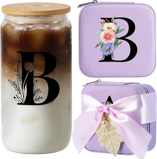 AYGXU Travel Must-Have Gifts,travel jewelry case organizer,small jewelry travel case,Cute Tumbler Cup,16oz bamboo lids for glass cups,teacher appreciation gifts for women,Initial B purple