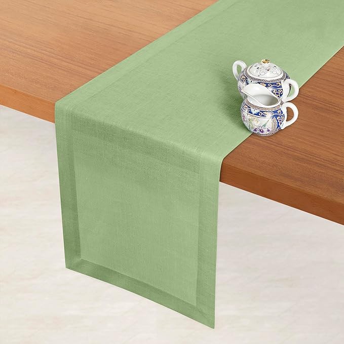 D'Moksha Homes Linen Table Runner 48 Inches - 100% Pure Linen Sage Green Table Runner 14 x 48 Inch for Coffee Tables, Dresser, Winter, Christmas, Holiday, New Year - Machine Washable