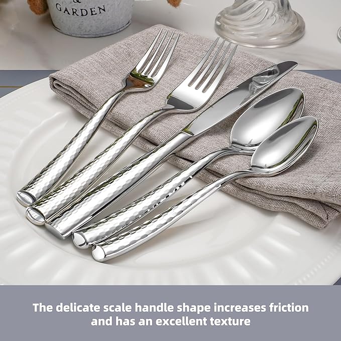 20-Piece Luxury Hammered Silverware, 18/10 High End Flatware for 4, Forged Silverware Set, Thick Handle Heavy Duty, Dishwasher Safe