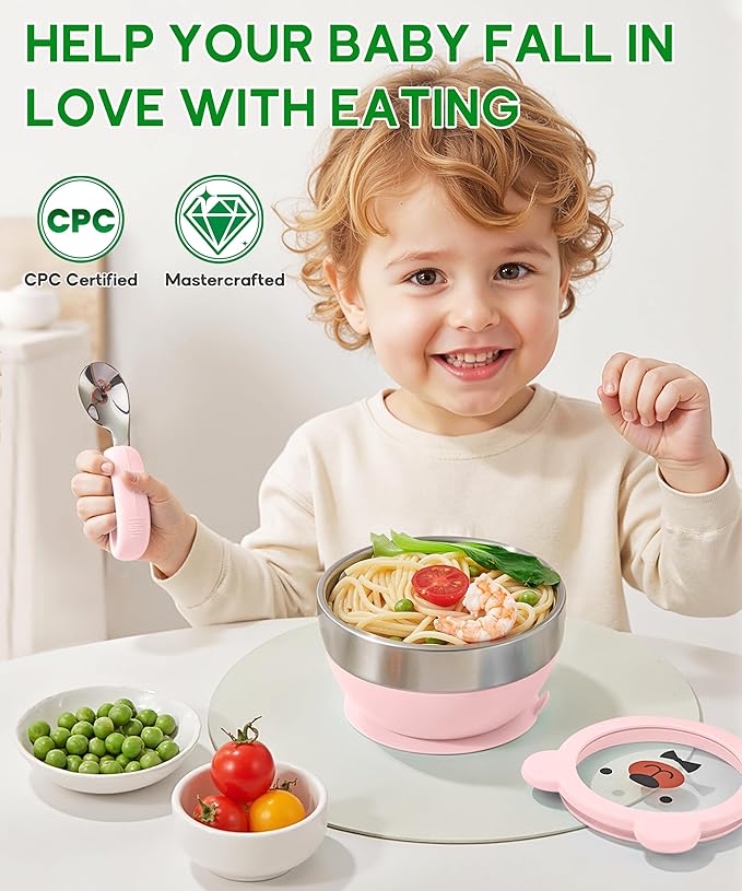 Suction Bowl and Spoon Set for Babies and Toddlers Non-Slip Silicone Suction Cups, Advanced 304 Stainless Steel Bowls, Double-Layer Insulation, and BPA-Free Lids Food-Grade Safety PINK