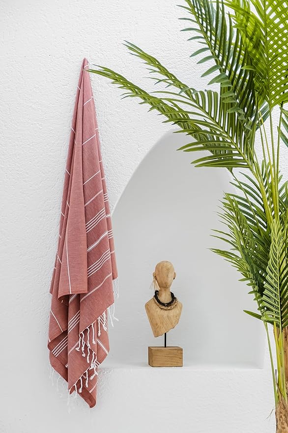 Madamelique Turkish Beach Towel Oversized - 39 x 74 - Prewashed Beach Towels Oversized - Quick Dry - Sand Free - Beach Essentials - Travel Towel - Hand Loomed (Mediterranean Without Bag, Salmon)