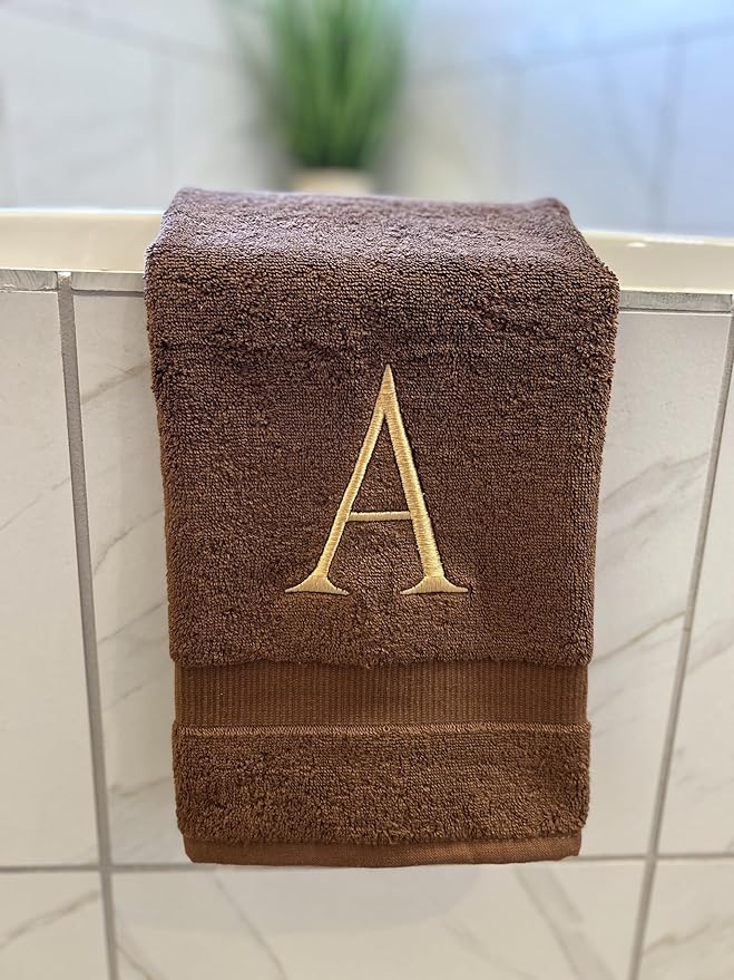 Brown Initial Hand Towel for Bathroom - Monogrammed Luxury Hotel Quality Decorative Embroidered Towel for Powder Room, Spa - GOTS Organic Certified - Set of 2 Beige Letter T