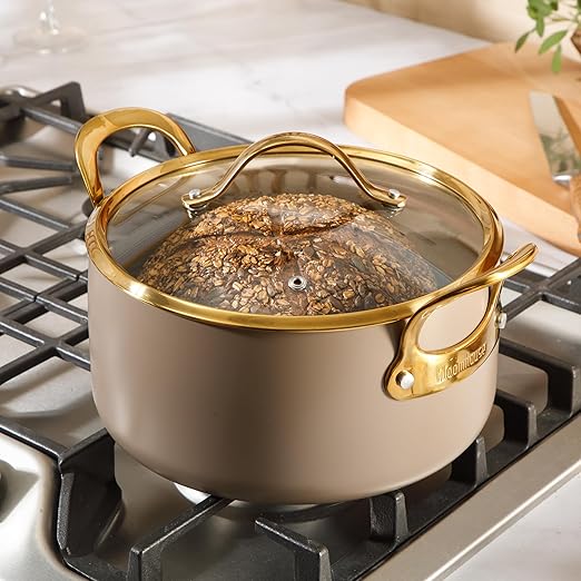 Bloomhouse - Two Time Oprah's Favorite Things Winner - 6 Quart Heavy Duty Aluminum Premium PFA Free Ceramic Nonstick Dutch Oven Pot with Lid - Cappuccino Cream with Gold Handle