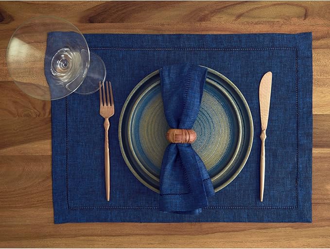 Solino Home Linen Cloth Placemats Set of 4-100% Pure Linen Hemstitch Royal Blue Placemats 14 x 19 Inch - Milan Hemstitch Table Place Mats for New Year
