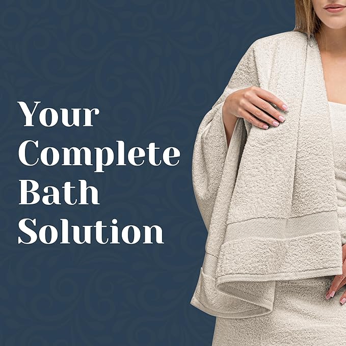 White Classic Luxury Bath Towel Set of 8 Pieces - 100% Turkish Cotton Highly Absorbent Towels for Bathroom, 2 Luxury Bath Towels 700GSM, 2 Hand Towels, 4 Washcloths, Ivory