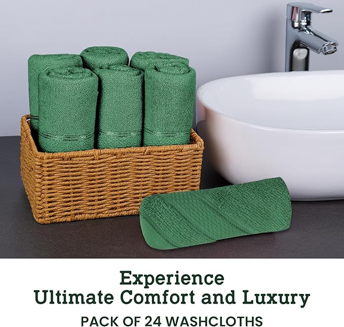 Casa Lino Face Towels & Body Wash Cloths for Showering - 100% Cotton Wash Cloths for Bathroom - Highly Absorbent & Quick Drying Washcloth Set - Cotton Washcloths 24 Pack (12" x 12") - (Green)