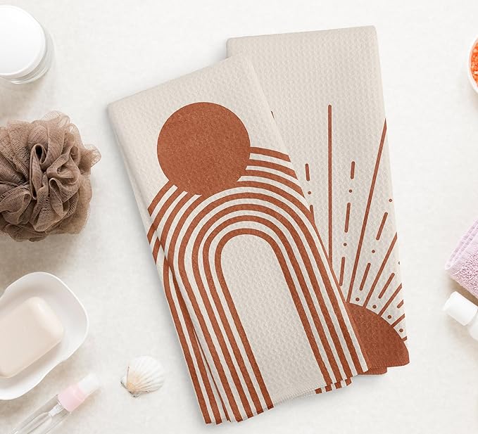 Beige Red Sunrise Moon Rainbow Kitchen Towels and Dishcloths Sets of 2, Bohemian Decorative Towels, Abstract Arch Line Drying Cloth Hand Towels for Bohemian Bathroom Kitchen Decor, 16×24 Inches