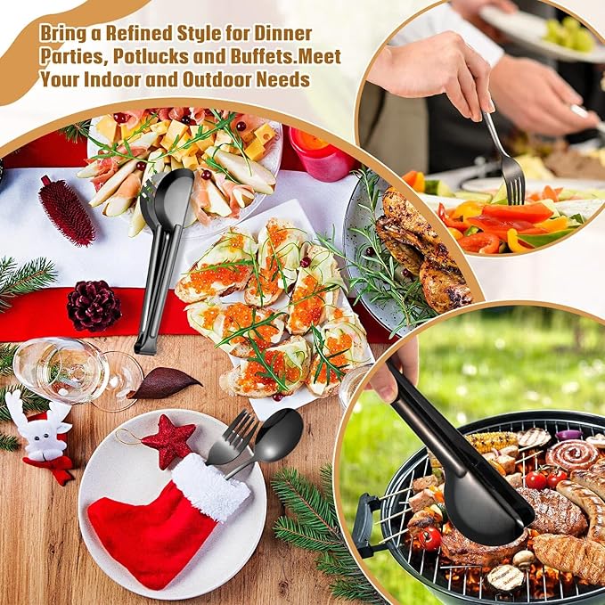 Patelai 15 Pieces Christmas Stainless Steel Black Serving Utensils Set 8.7" Large Spoons and Slotted Spoon 9.45" Tong 9" Forks Flatware Wedding Party Buffet Banquet Cooking Kitchen Catering