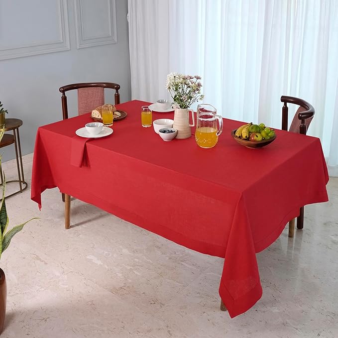 D'Moksha Homes Bright Red Linen Tablecloth 54 x 72 Inch - 100% Pure Linen Tablecloth for Rectangle Tables - Machine Washable Table Cloth for Winter, Holiday, New Year