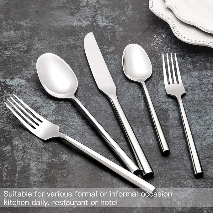 Silverware Set Flatware Set Stainless Steel Heavy Cutlery Set Hexagon Handle Mirror Finished 60 Pieces Service for 12