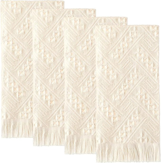 4 Pack Boho Bathroom Hand Towel 14 x 30 Inch 100% Turkish Cotton Decorative Boho Kitchen Hand Towel Farmhouse Bathroom Decor Set Absorbent Soft Guest Tea Gift(Cream White)