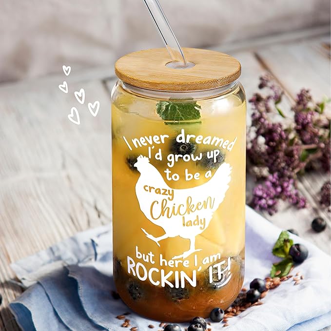 Pawzity Chicken Gifts for Women - Chicken Themed Gifts - Chickens Lover Gift, Chickens Lady Mom Gift - Christmas Ideas for Women - Farmer Animal Present Ideas - 16 Oz 2-sided Can Glass